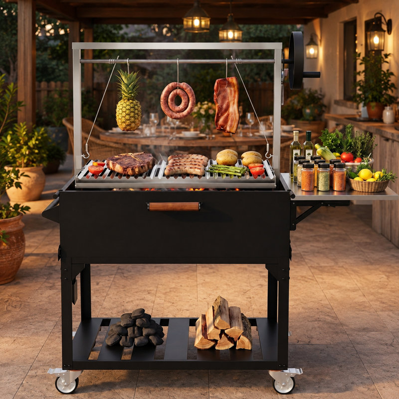 58.3" Argentine Santa Maria Freestanding Charcoal & Wood Fired BBQ Grill with Adjustable V-Grate and Side Table
