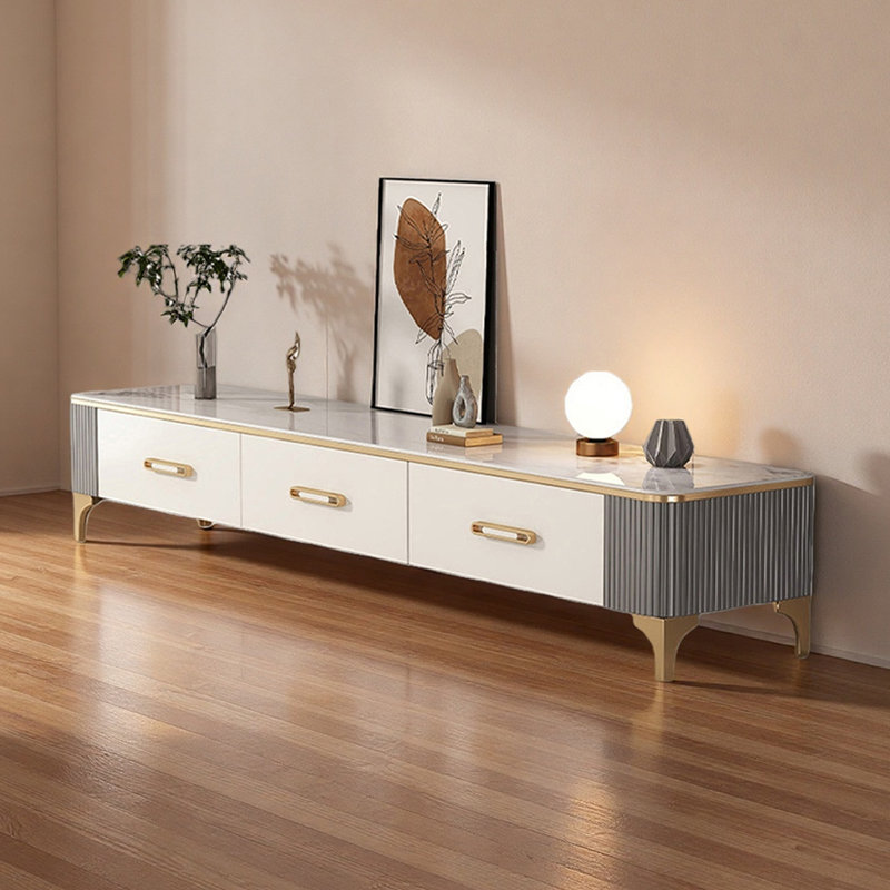 Meuble télé de luxe Italian Light, H 15,74 po x L 63 po x l 13,77 po, Or / gris / blanc