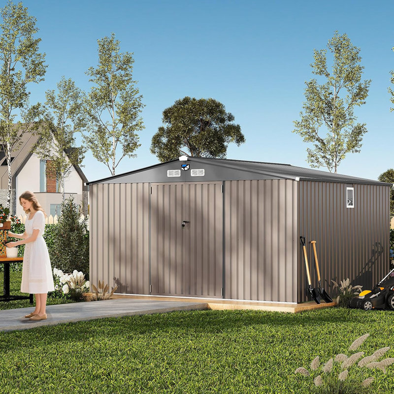 Remise de rangement extérieure en métal 12 pi x 10 pi avec fenêtres et portes verrouillables, remise à outils robuste pour le jardin