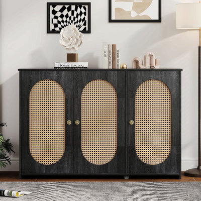 Retro 3-Door Sideboard With Large Storage Space Artificial Rattan Doors And Metal Handles