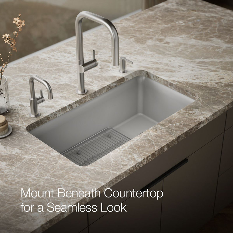 Cairn® 33-1/2" x 18-5/16" x 9-1/2" Under-Mount Single-Bowl Kitchen Sink with Basin Rack, Matte Gray