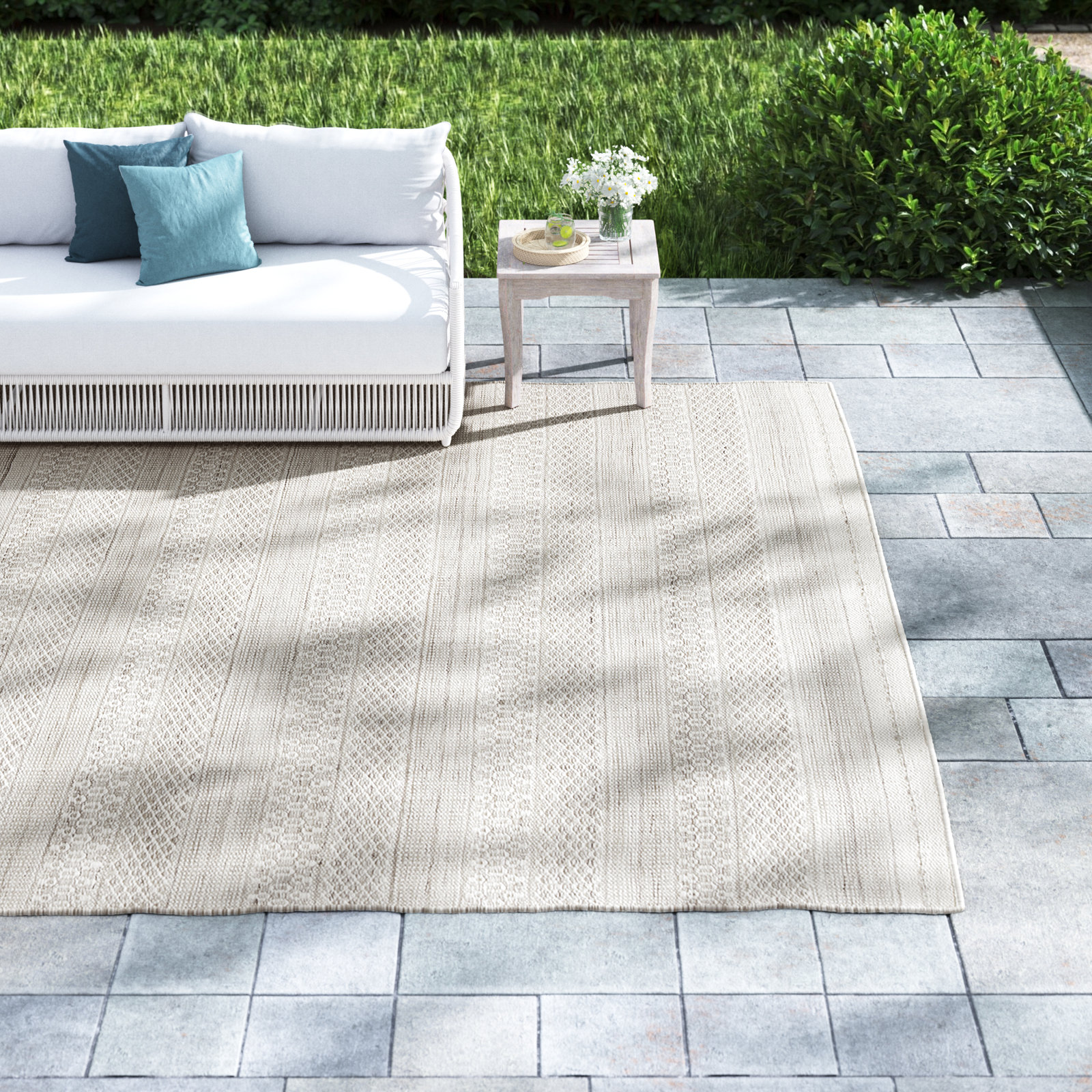 Gingham Cream Hand-Woven Outdoor Rug, Rectangle 10' x 14'