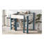 Lit mezzanine double en bois pleine grandeur avec tablettes de rangement intégrées, portemanteaux et bureau, blanc et bleu