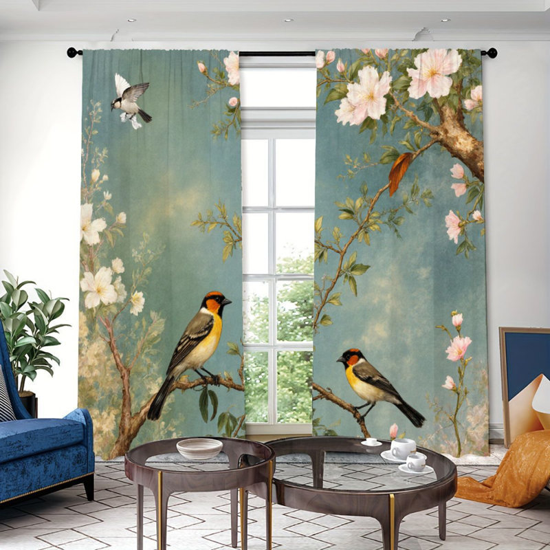 2Pcs Vintage Birds and Flowers Curtains, Blue Sky Pattern, Rod Pocket Sun Blocking, Nature Style, All-Season For Living Room Bedroom Study Window Decor