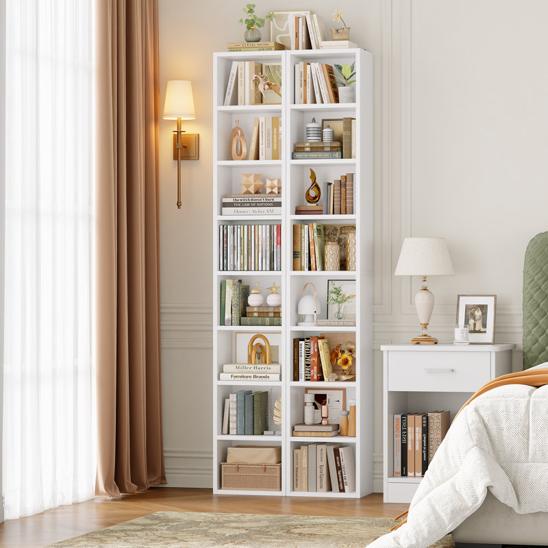 Space-saving Bookshelf Set, 8-tier Narrow, 3-pack, Adjustable Shelves, White