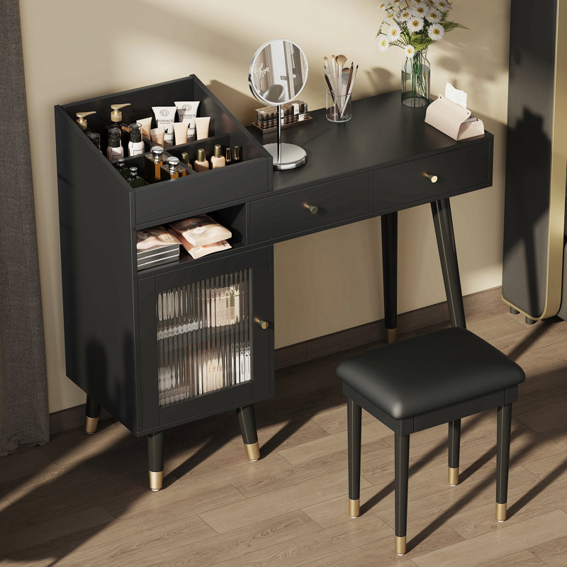 Modern Makeup Vanity Desk With Drawers, Cabinet & Charging Port, Space-Saving Dressing Table Set With Stool For Small Places