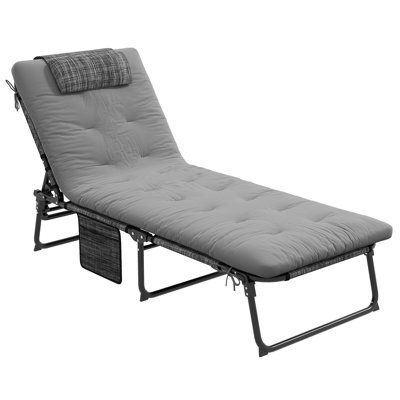 Folding Chaise Lounge With 4-Level Reclining Back, Outdoor Tanning Chair With Cushion, Outdoor Lounge Chair With Breathable Mesh Fabric, Side Pocket, Headrest