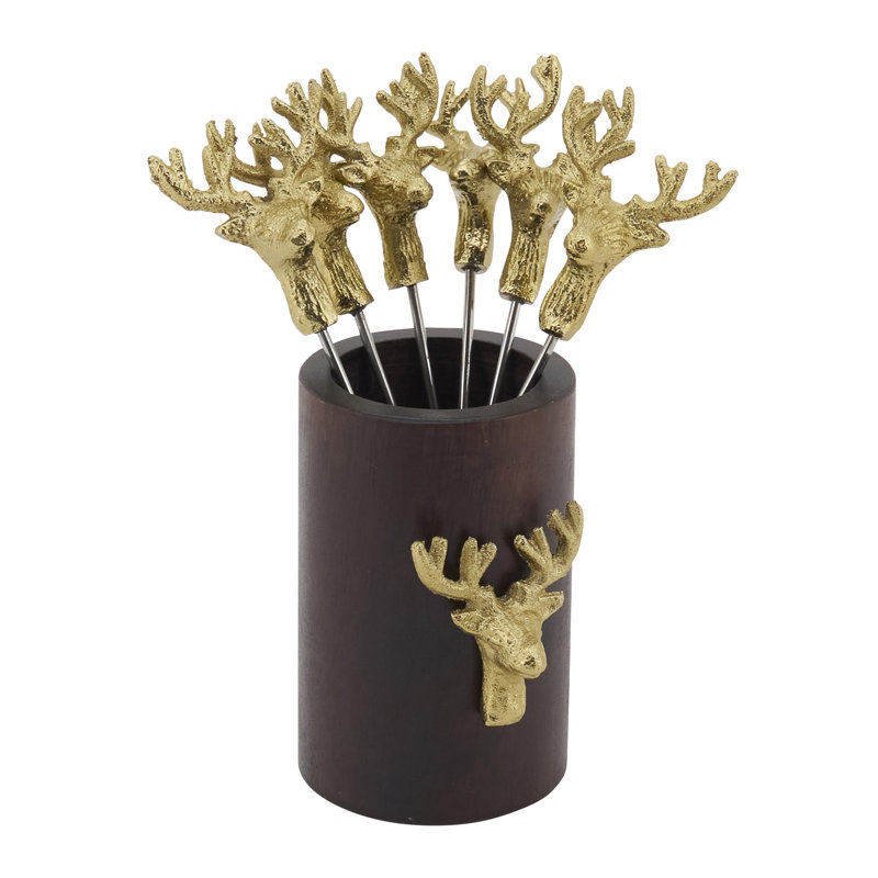 Choix de cocktail Gold Deer avec support en bois de manguier (ensemble de 6) - Choix de cerfs décoratifs pour cocktails, apéritifs et réceptions