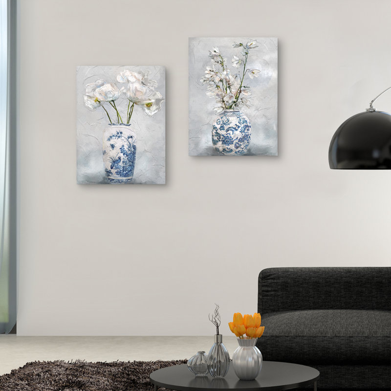 Elegant Blue and White Chinoiserie Floral Canvas Wall Art Set
