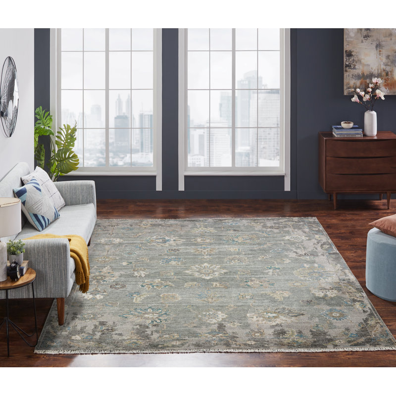 Tapis oriental vert en laine / viscose noué à la main Aketzalli, Rectangle 4pi x 6 pi