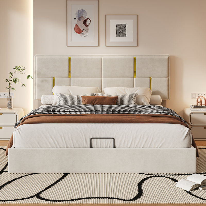 Queen Size Upholstered Platform Bed With Hydraulic Storage System,No Box Spring Needed,Beige