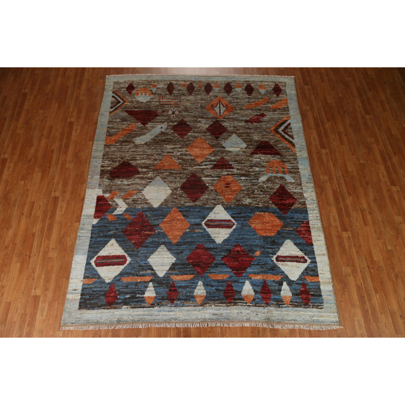 Tapis bleu / rouge / brun en laine noué à la main de conception unique 7 pi 9 po x 9 pi 8 po New Age