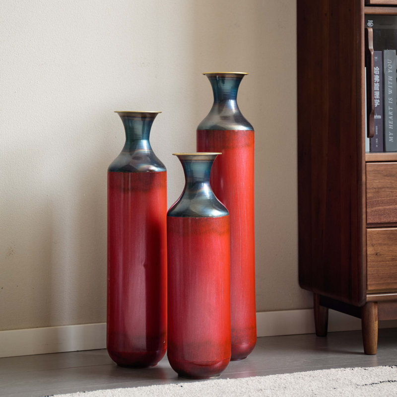 Ensemble de 3 grands vases de plancher rustiques en métal forgé à la main avec finition au feu, décor de maison de campagne moderne et industriel