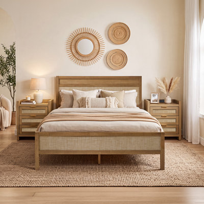 Boho Rattan 2-Piece Bedroom Set,Solid Wood Bed & 3-Drawer Nightstands with Charing Station