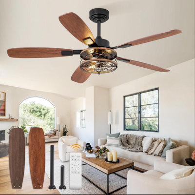 Farmhouse Ceiling Fan With Light And Remote, Industrial Caged Flush Mount Ceiling Fans With 6 Speed Reversible Motor And Dual Finish 5 Blades, For Living Room, Bedroom, (Black)