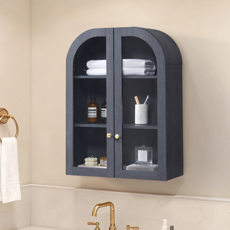 Wood Arch Wall Mounted Bathroom Cabinet, Antique Brass