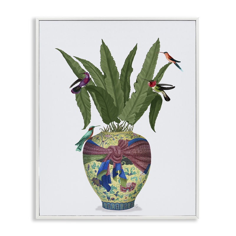 Oiseaux traditionnels sur pot à fleurs, estampe numérique par Fab Funky, Giclée encadrée blanc bord de mer, H 30 po x l 24 po
