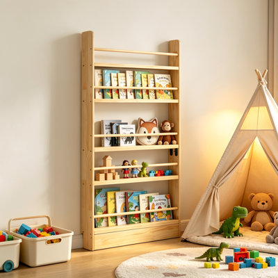 5 Tier Natural Solid Wood Behind The Door Bookshelf Casual Wall Mount Open Storage Shelf Ultra Slim Space Saving Vertical Display Organizer for Kids Bedroom Living Room Playroom Home Decor
