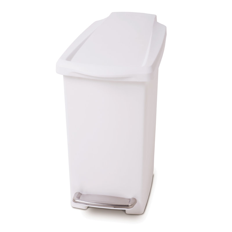 Simplehuman 10 Liter / 2.6 Gallon Compact Slim Bathroom or Office Step Trash Can, Black Plastic, White