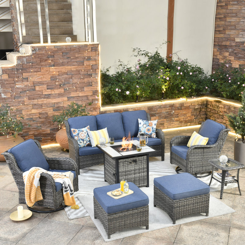 Wicker/Rattan 5 - Person Seating Group With Cushions, Gray Frame/Blue Cushion