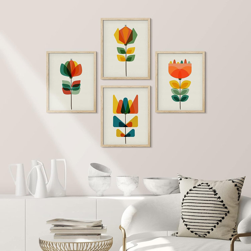 " Mid-Century Modern Retro Botanical Flower Garden " 4 - Pieces, 14" H x 11" W, Natural
