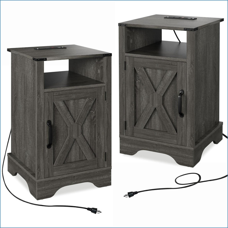 Rustic Farmhouse Nightstand 2-Pack with Charging Station - Dark Gray, Dark Gray