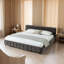 Très grand lit plateforme tapissier avec tiroirs de rangement, tissu chenille, tête de lit douce-479986778