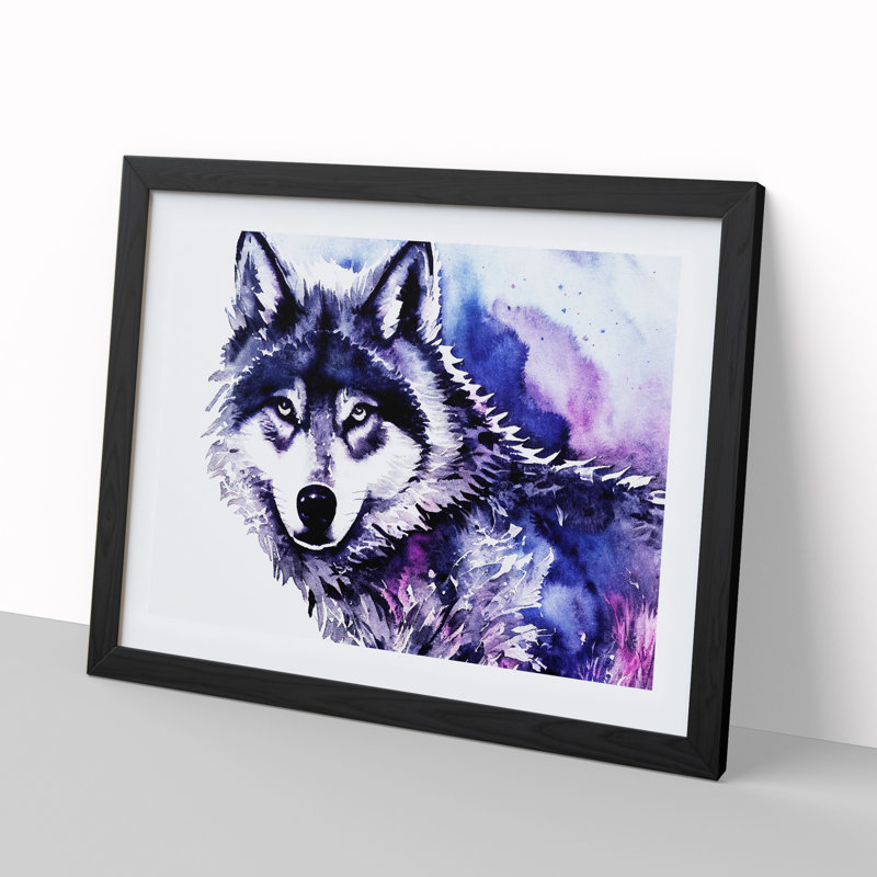 XH1022-10265X Wolf In Watercolour Abstract - Single Picture Frame Painting, 46cm H x 64cm W x 2cm D, Black Framed