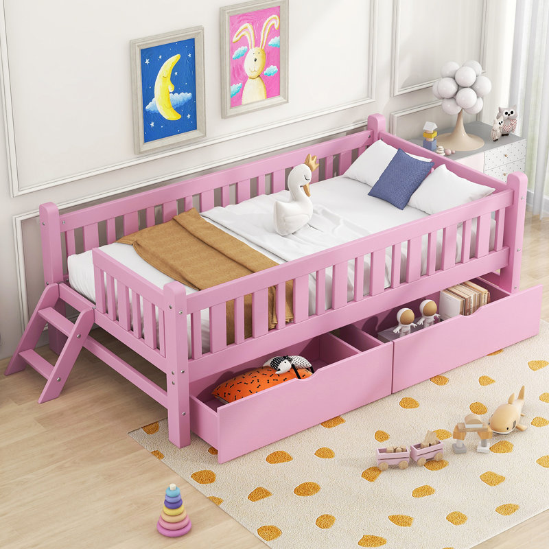 Wood Twin Size Platform Bed With Guardrail And 2 Drawers, Pink
