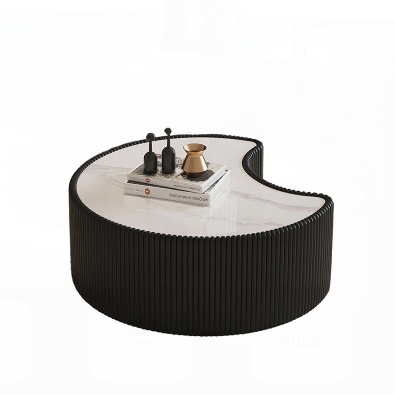 Table basse moderne en cuir fritté clair avec dessus en pierre de forme irrégulière pour salon (chaque plateau de table possède un motif gris unique)