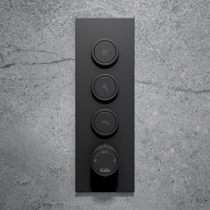 RoundOne - Système de douche thermostatique complet avec valve à bouton-poussoir - Bras mural, Noir mat