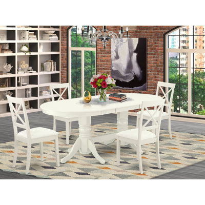 5 Piece Kitchen Table Set for 4 Includes an Oval Dining Room Table with Butterfly Leaf and 4 Solid Wood Seat Chairs, Linen White