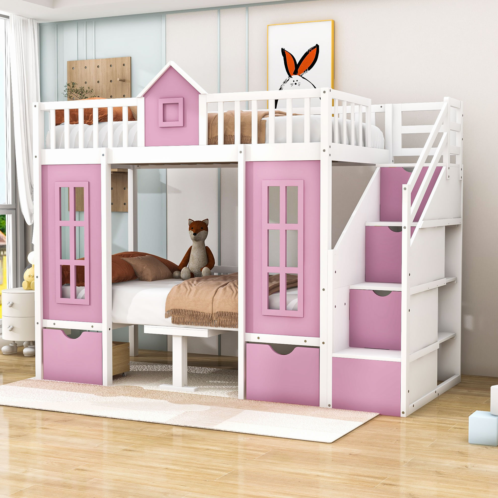 Harper Orchard Anela Convertible Playhouse Wood Bunk Bed With Staircase And  Drawers Wayfair