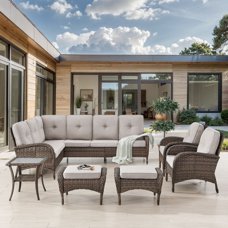  Valierius L-Shaped Outdoor Sectional Sofa Set With Patio Chairs, Ottomans & Side Table, Beige