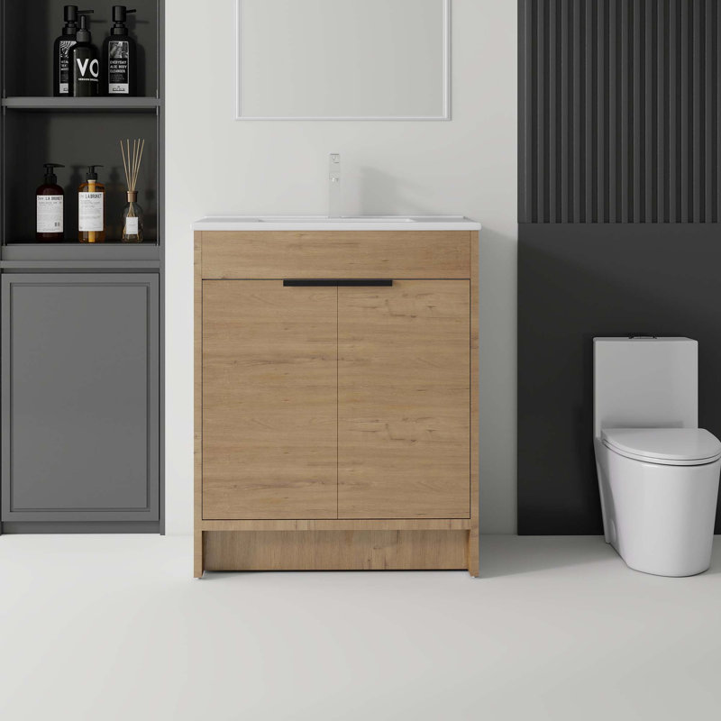 Freestanding Bathroom Vanity with Ceramic Sink and Soft-Close Doors, Oak