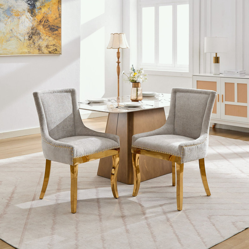 Ensemble de 2 chaises en chenille avec pieds courbés et garniture de rivets, Beige