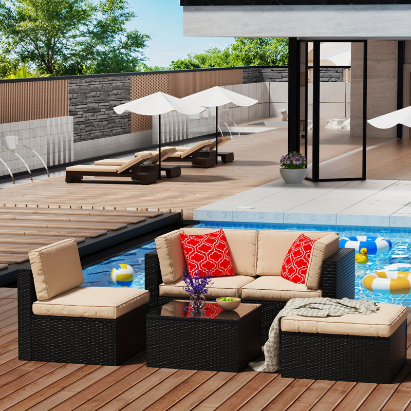5-piece Patio Furniture Set With Two Pillows And Outdoor Conversation Seating Cushions And Coffee Table With Tempered Glass. (Red)