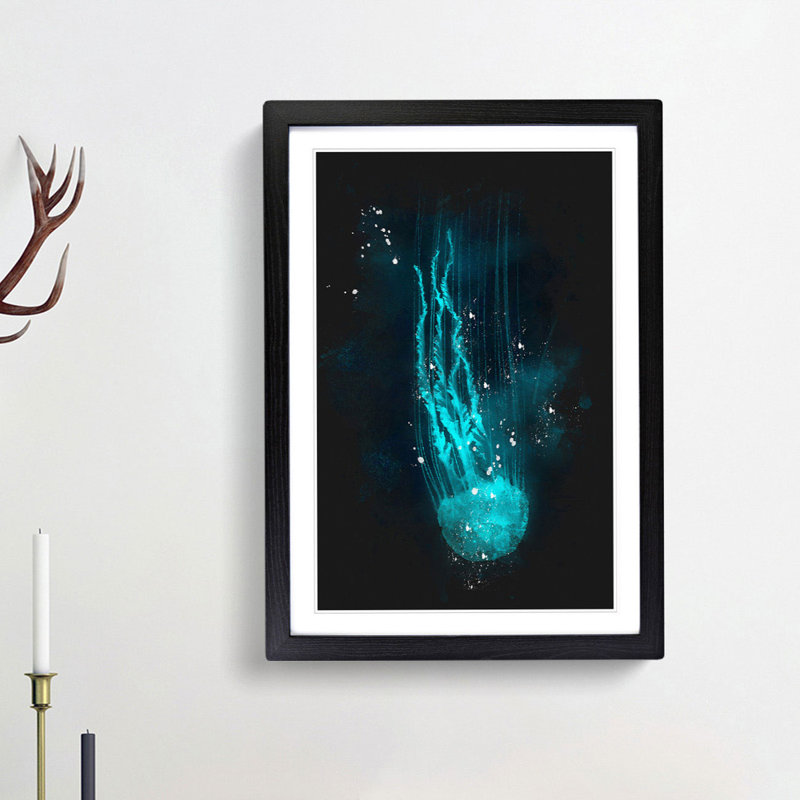 Neon Blue Jellyfish Abstract - Picture Frame Graphic Art Print, Black Framed, 45cm H x 33cm W x 2cm D