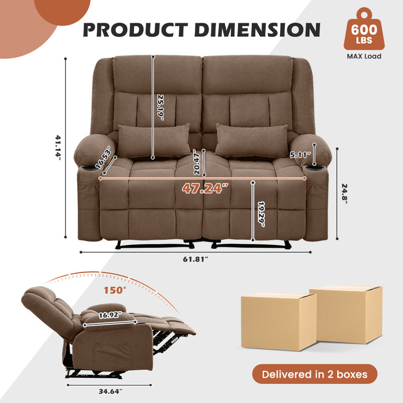 Fauteuil inclinable manuel 2 pièces en tissu brun avec porte-gobelets et poches latérales 34,64 po x 61,81 po x 41,14 po