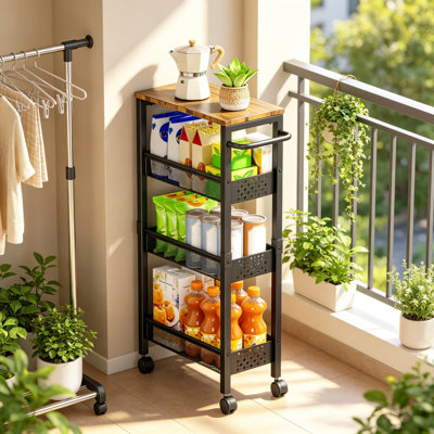 4-Tier Slim Rolling Storage Cart with Wood Top, Narrow Utility Cart with Wheels and Handle for Kitchen, Bathroom, Laundry Room Organization
