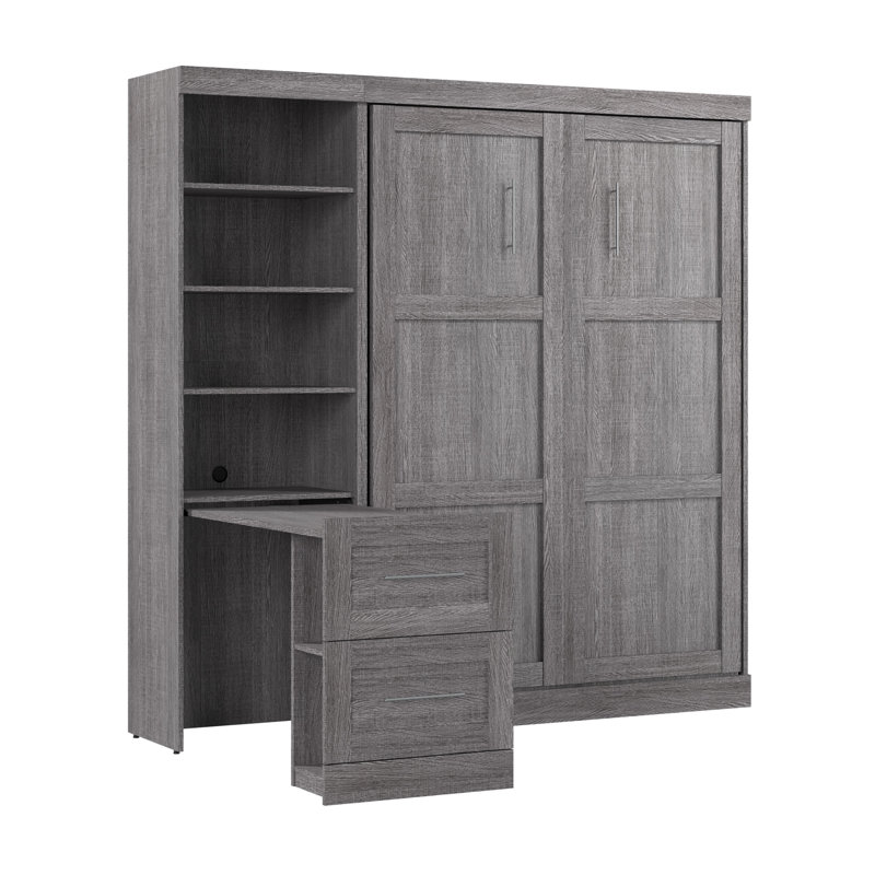 Lit escamotable double 84 W avec bureau coulissant, Gris écorce
