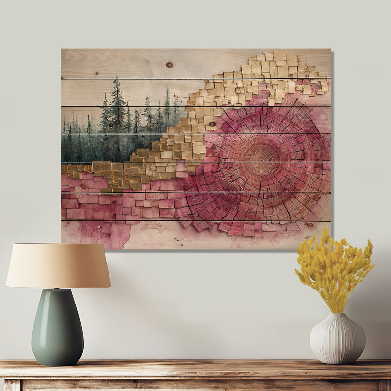 Rivière de cristal rose sous une forêt de pins - décoration murale bois de forêt - sur bois de pin naturel, H 34 po x l 44 po
