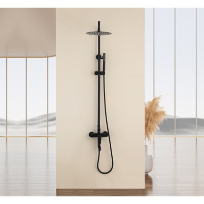 Exposed Wall Mount Shower Set, Rainfall Showerhead And Handheld, Matte Black