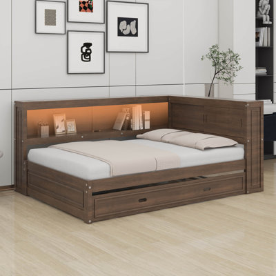 Full Size Wood Daybed With Storage Shelves And Trundle,L Shaped Daybed With USB Ports And LED Light