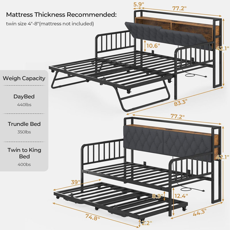 Upholstered Sofa Bed Frame, Twin Day Bed With Charging Station & Led Lights, Metal Trundle Bed Twin With Hidden Storage Headboard
