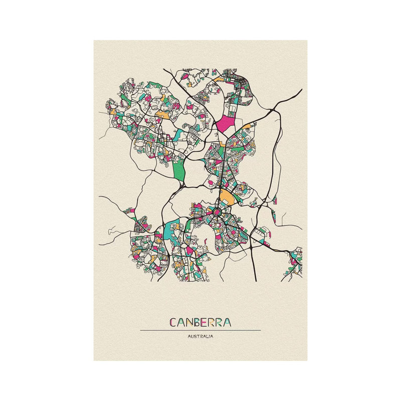 «Canberra, Australie Map» par Ayse Deniz Akerman - impression sur toile tendue, H 18 po x l 12 po x 1,5 po