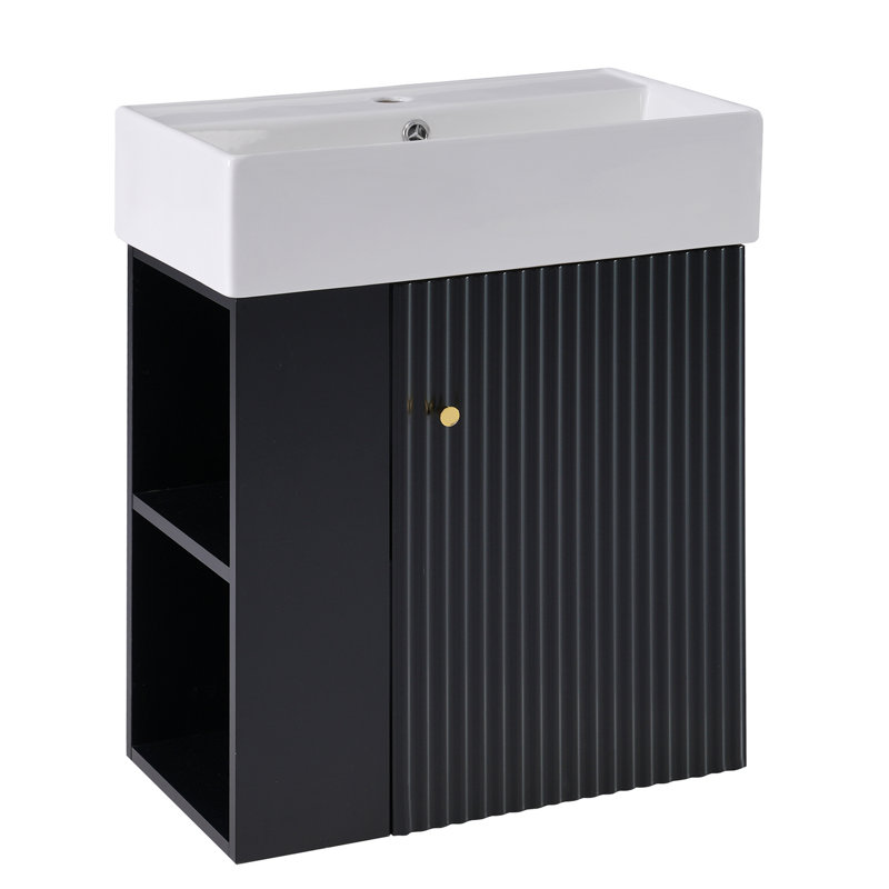 Meuble-lavabo flottant avec lavabo en céramique, Noir, noir, noir, noir