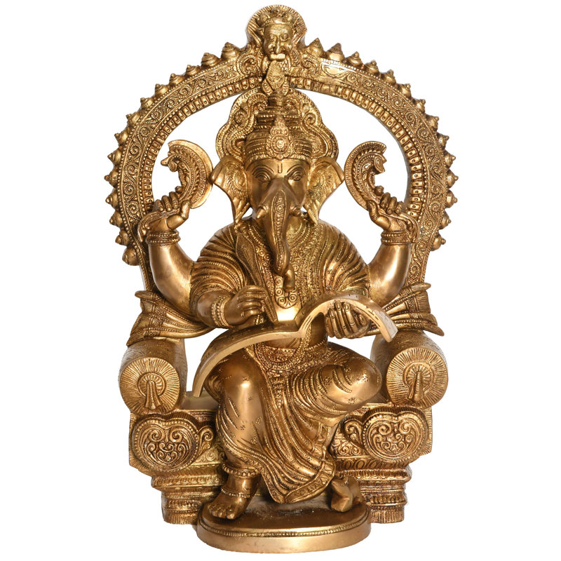 16" Lord Ganesha Writing Mahabharata Brass Statue - Handcrafted Indian Divine Scribe Sculpture for Home Office, Study Room & Wisdom Decor