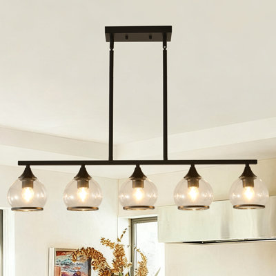 5-Light Black Linear Chandelier, Modern Kitchen Island Pendant Light with Clear Globe Glass Shades