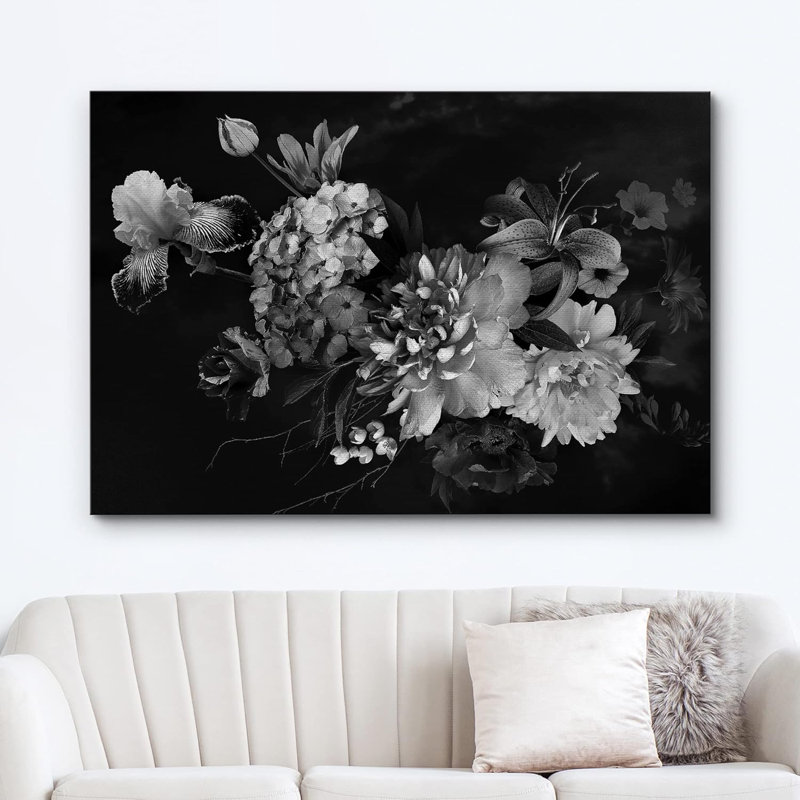 Bouquet d'iris, de pivoines et de fleurs de lys, photographie d'art moderne, noir foncé et blanc, Toile tendue